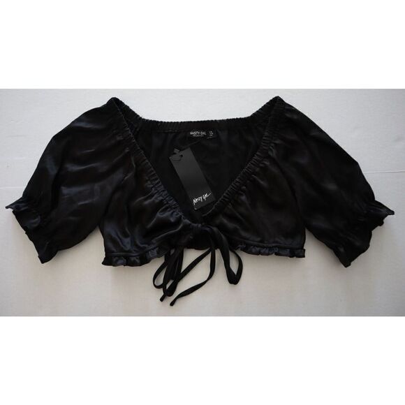 Nasty Gal QDA0078107 Women's Sz 6 Black Satin Tie Front S/S Crop Top Blouse - Picture 8 of 9